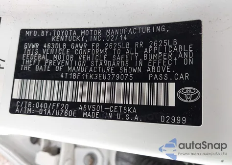 2014 Toyota Camry Se z USA, uszkodzony, nr VIN 4T1BF1FK3EU379075